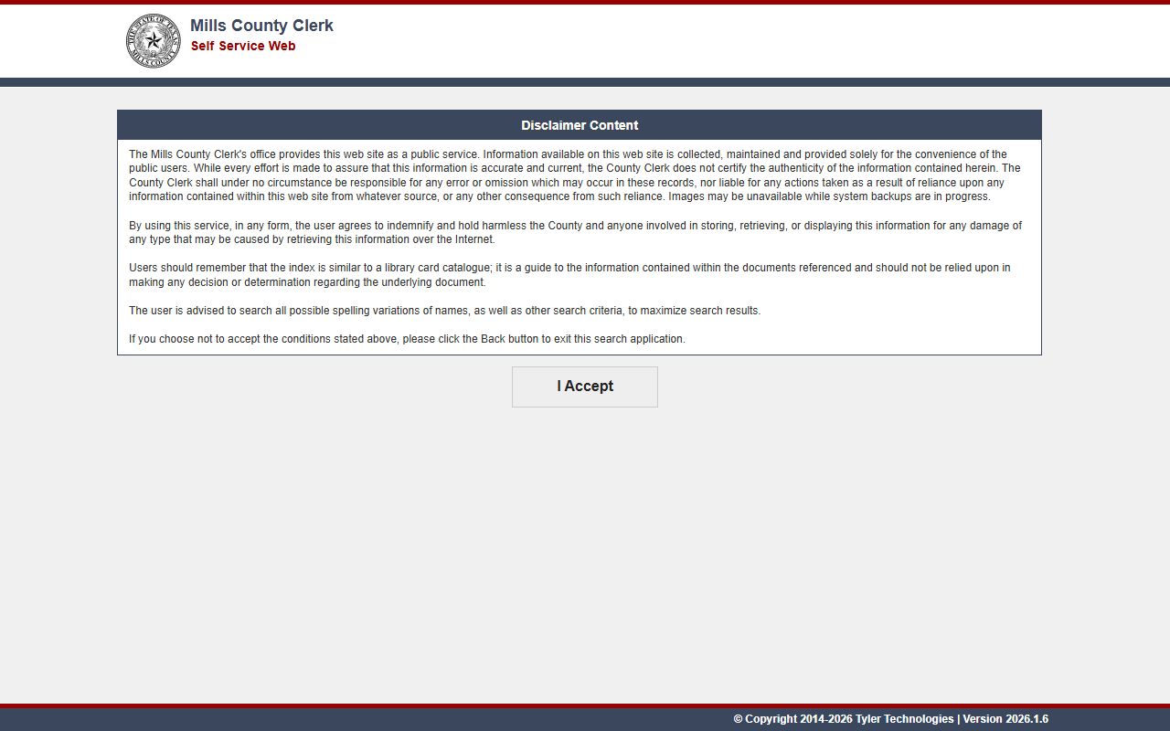 Mills County Tyler Self-Service court records portal
