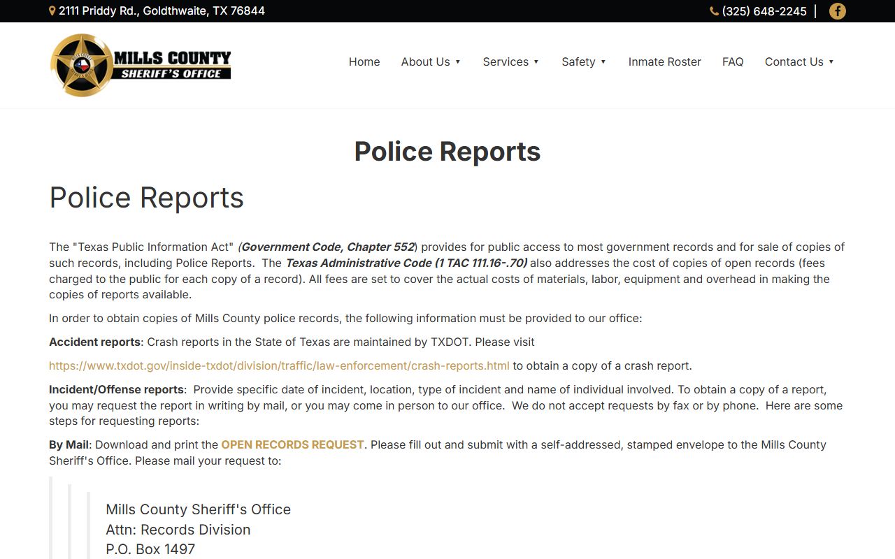 Mills County Sheriff's Office records request route for booking photos